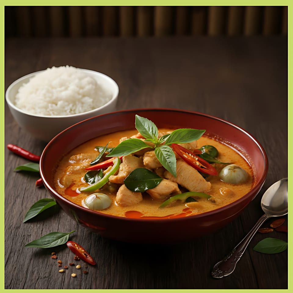 Red curry with chicken, basil, and chili, served with a side of white rice.