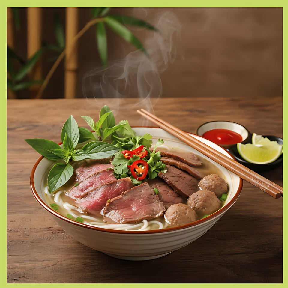 Steaming bowl of Thai pho with beef, meatballs, herbs, and chili, with chopsticks and lime.
