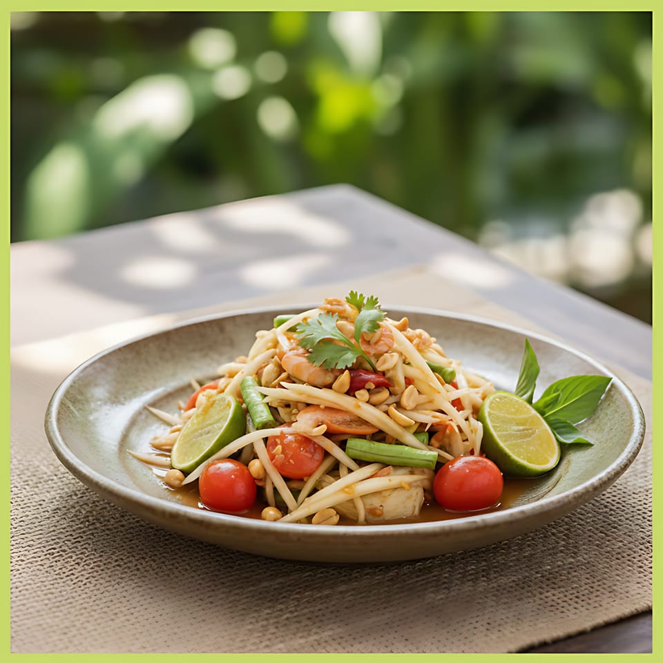 Som Tum, a Thai green papaya salad with peanuts, tomatoes, and lime, on a rustic plate.