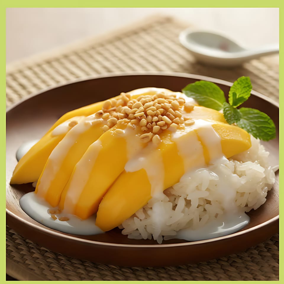 Thai mango sticky rice with coconut milk, peanuts, and mint on a wooden plate.