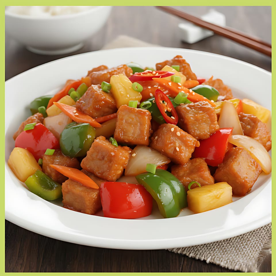 Sweet and sour chicken with pineapple, bell peppers, onions, and carrots, garnished with sesame seeds.