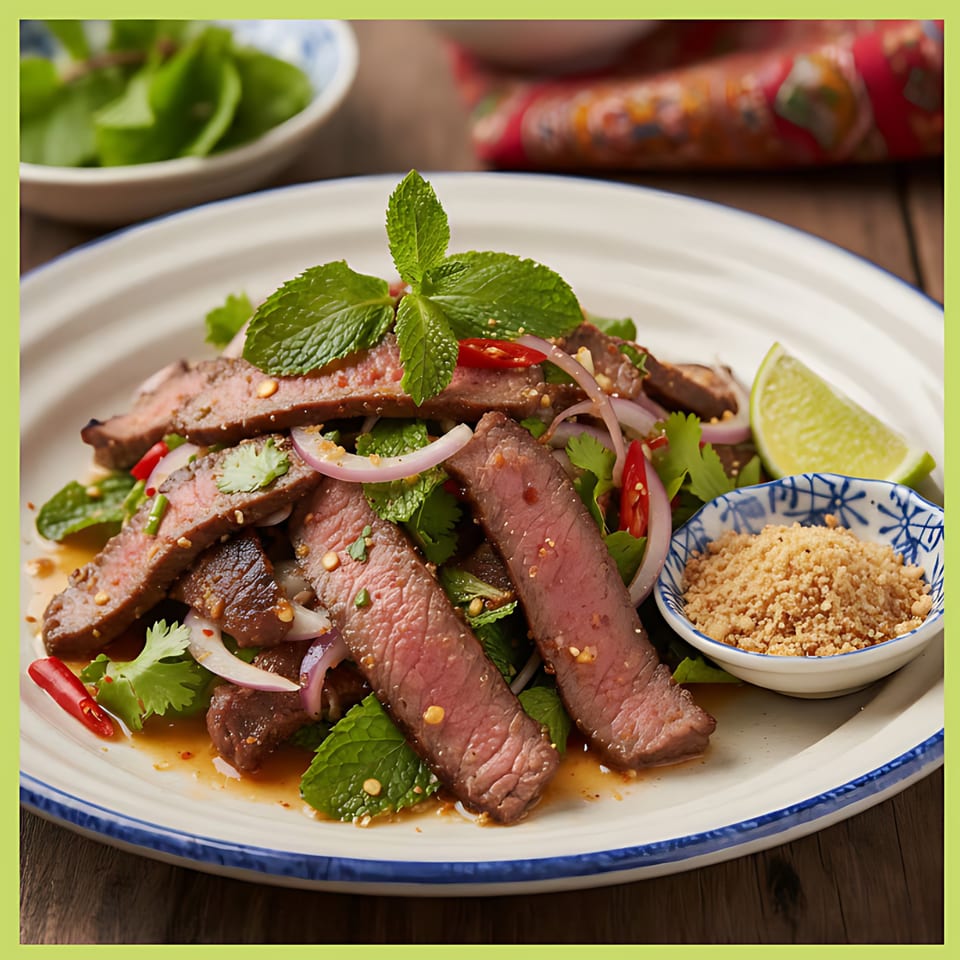 Thai beef salad with red onions, mint, chili, and a side of crushed peanuts.